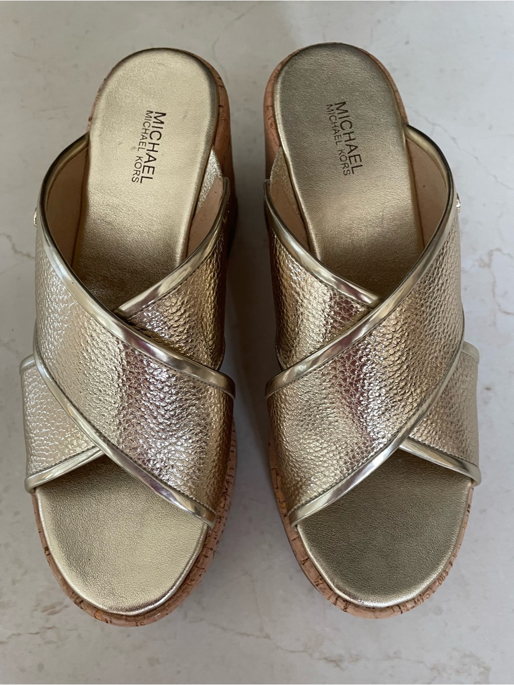 Michael Kors Metallic Gold Crisscross Cork Wedge Slides 7M - NEW